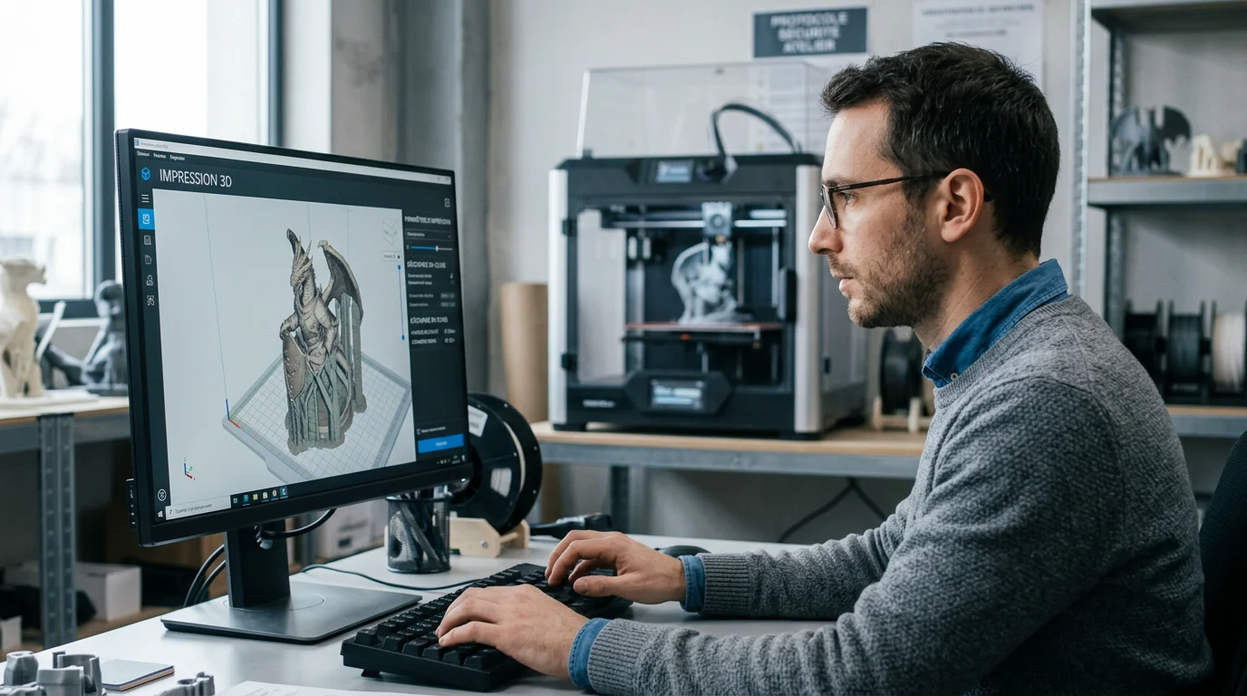 Ingénieur vérifiant un fichier de figurine dans un logiciel de découpe