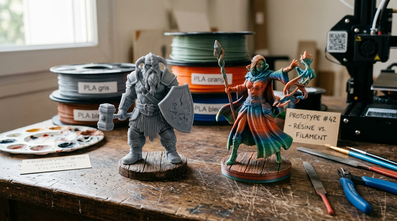 Deux figurines imprimées en 3D en résine et en filament sur un établi
