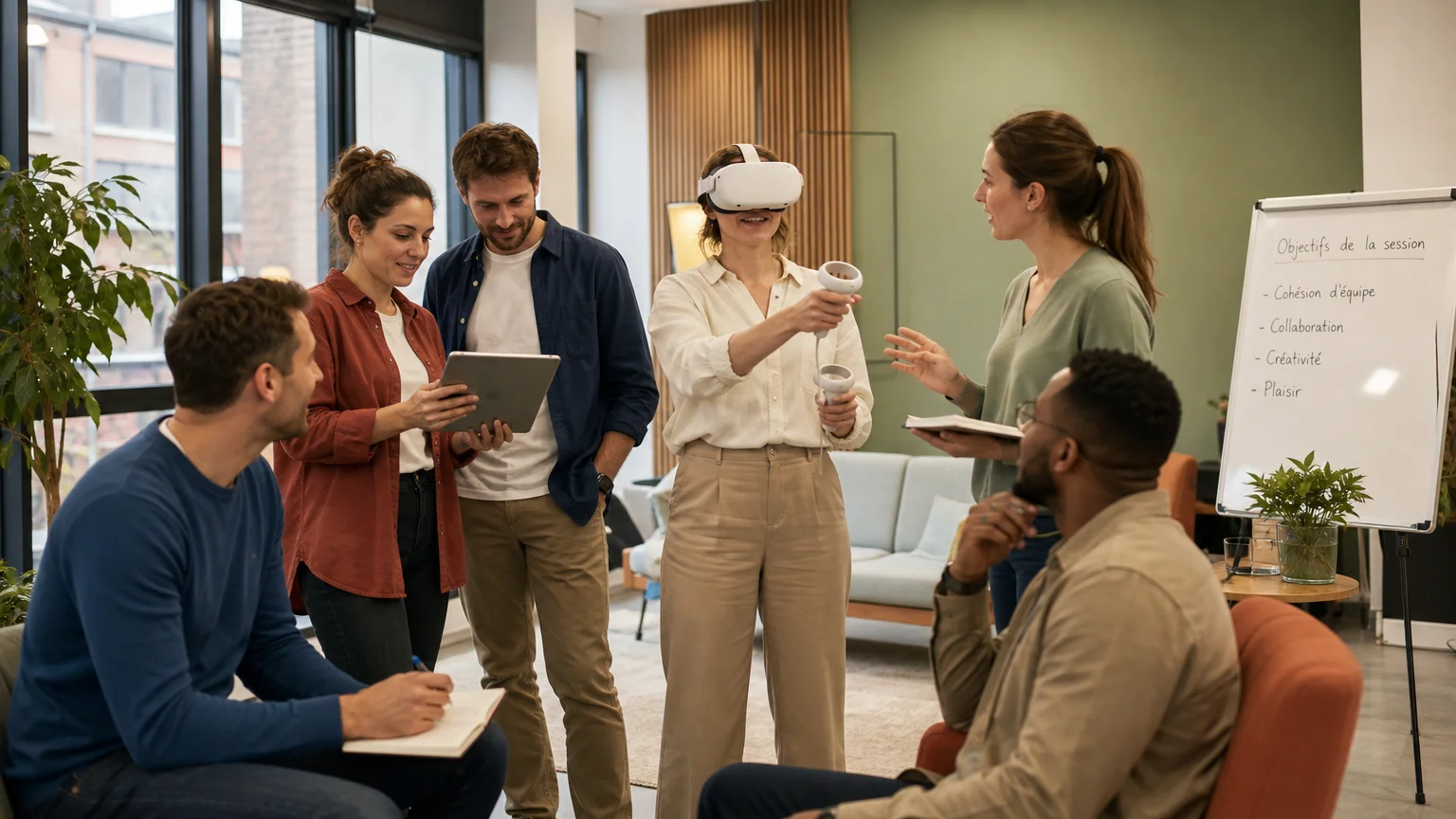 Équipe d’entreprise participant à une activité collaborative de réalité virtuelle