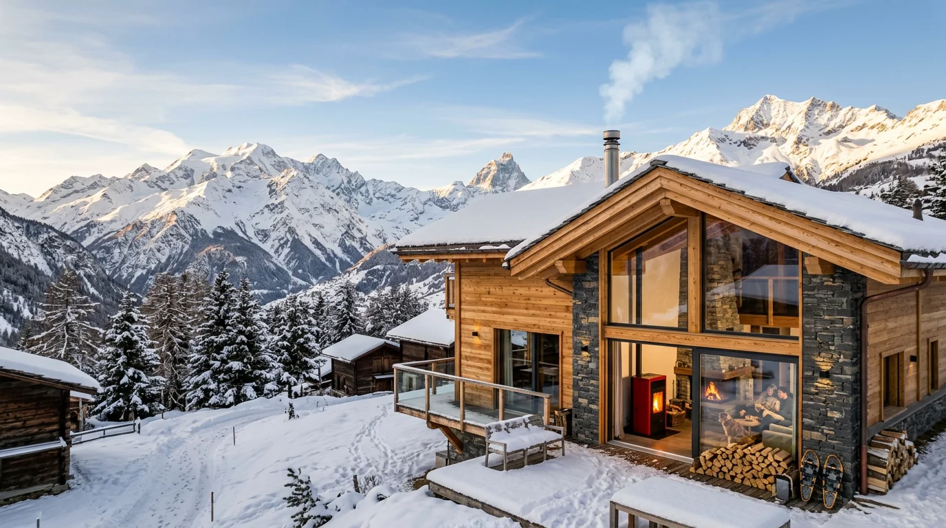 Chalet valaisan chauffé par un poêle à pellets en hiver