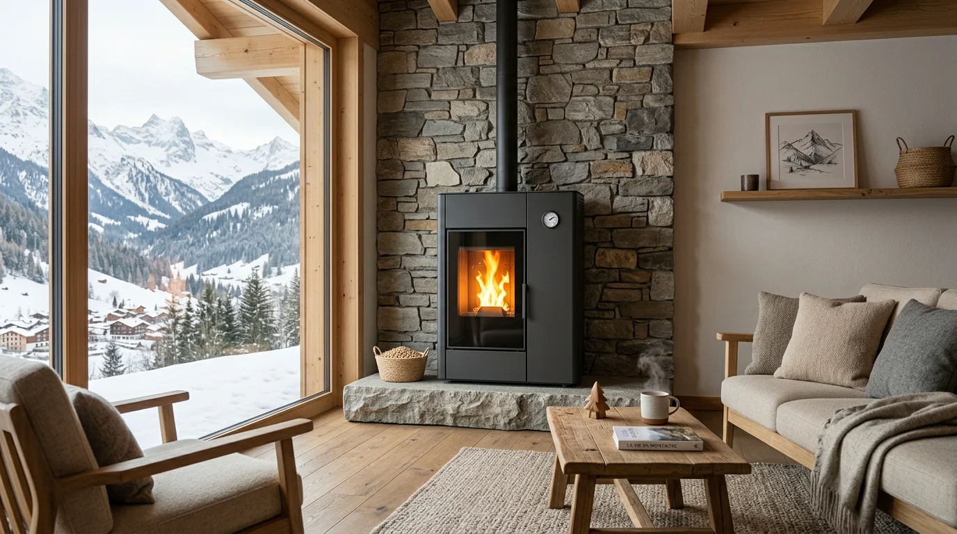 Poêle à pellets moderne dans un salon de chalet valaisan