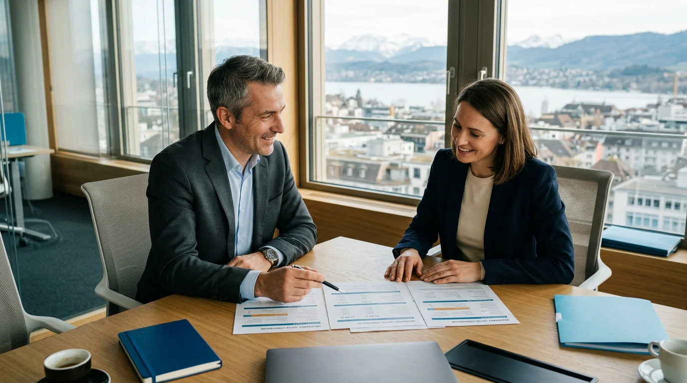 Advisor and client comparing several supplementary health insurance offers at an office table