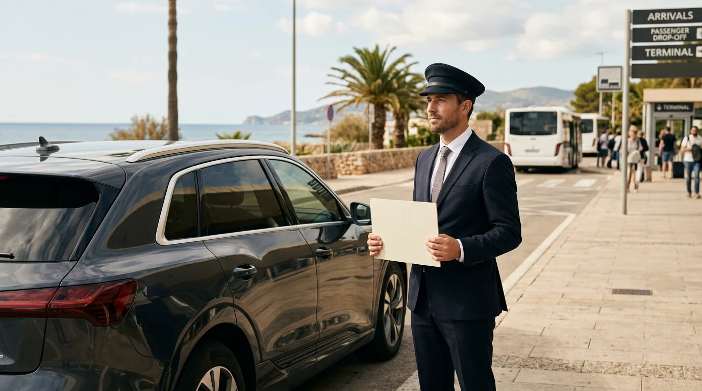 Chauffeur waiting with a name sign beside an electric SUV at an airport arrivals area