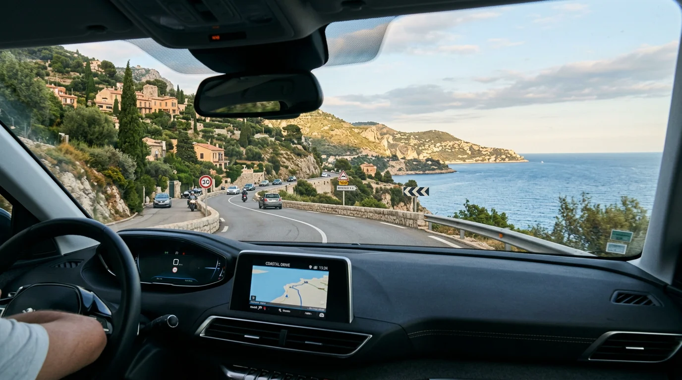 Coastal road view between Nice and Monaco seen through a car windscreen
