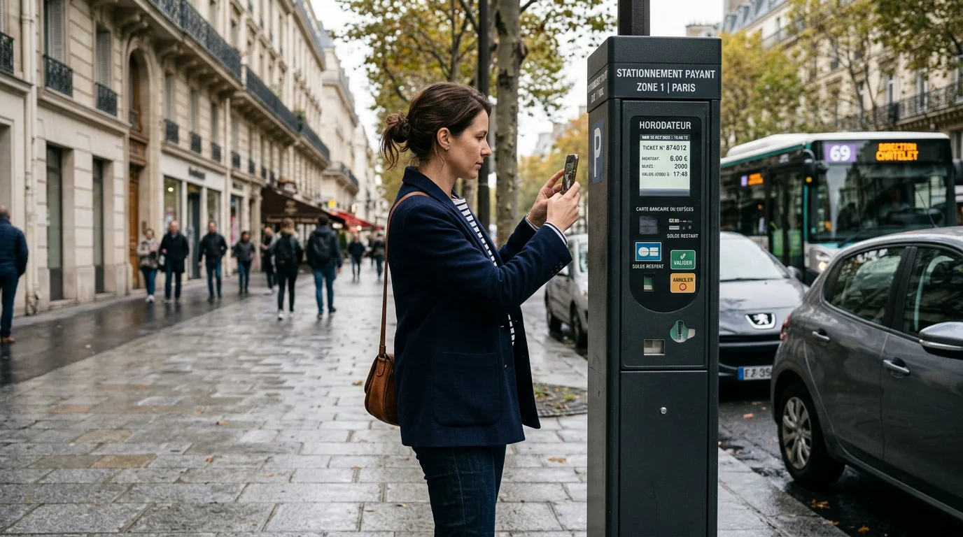 Une automobiliste photographie un horodateur parisien avec son smartphone pour constituer une preuve