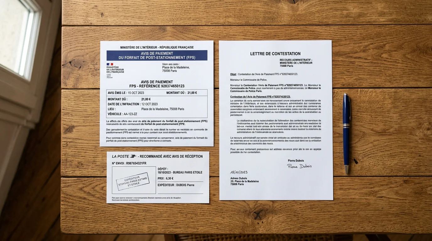 Documents de contestation d'un FPS disposés sur un bureau avec un accusé de réception postal