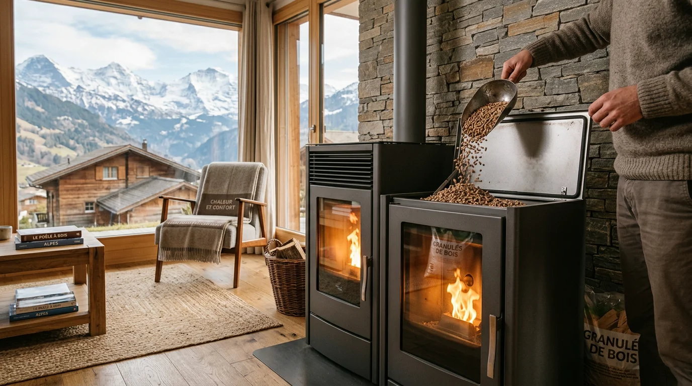 Granulés de bois versés dans le réservoir d'un poêle à pellets moderne