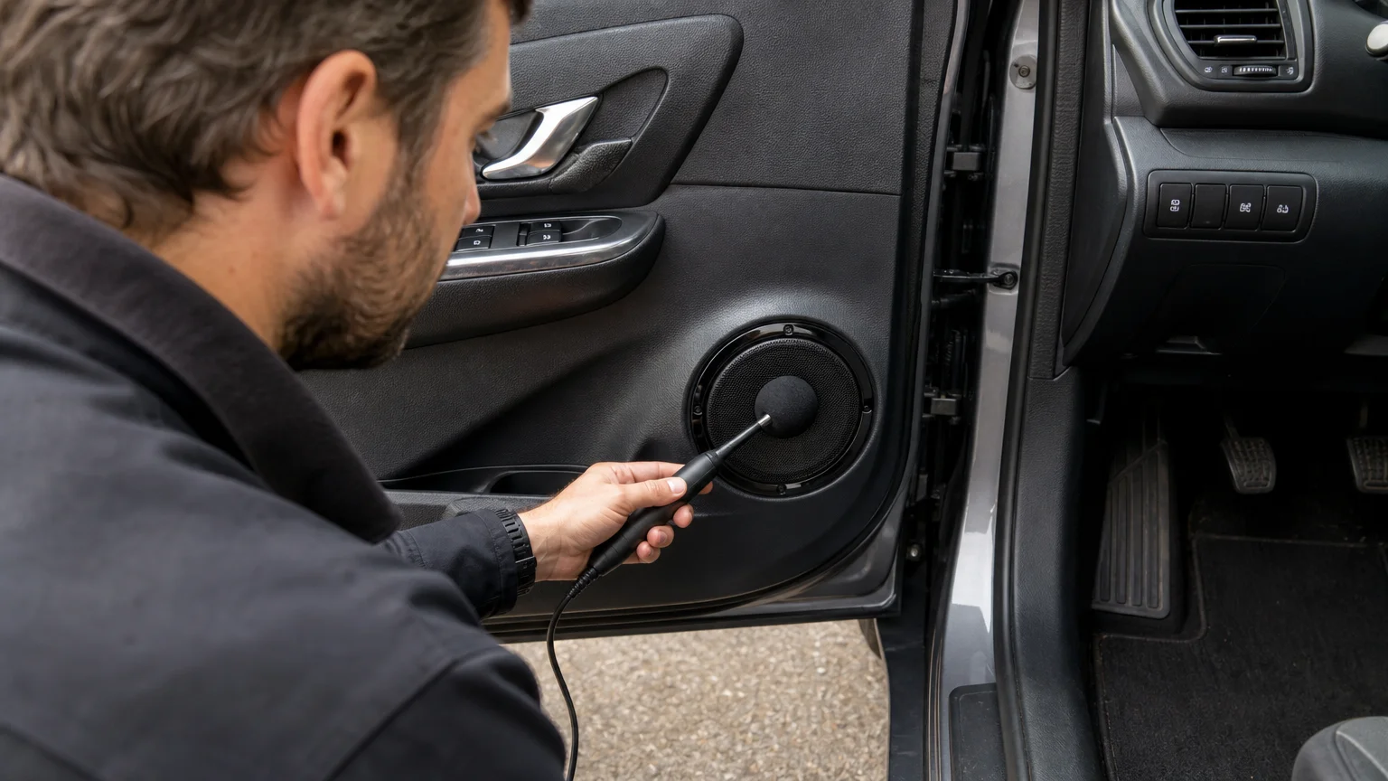 Mesure acoustique près d’un haut-parleur installé dans une portière de véhicule