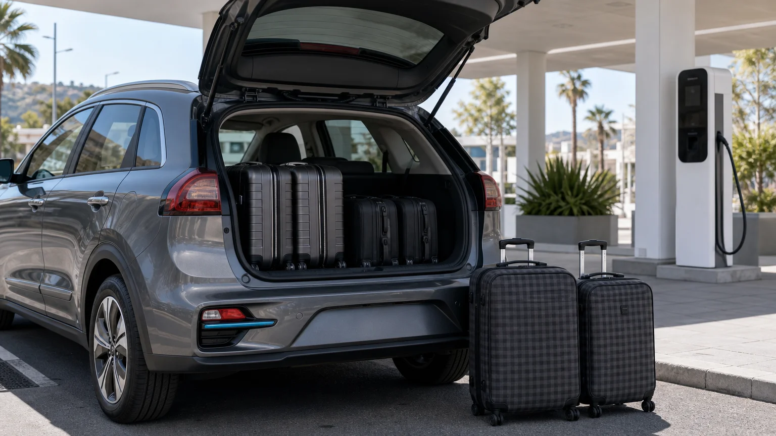 Open trunk of a grey 2021 electric Kia e-Niro with organized luggage