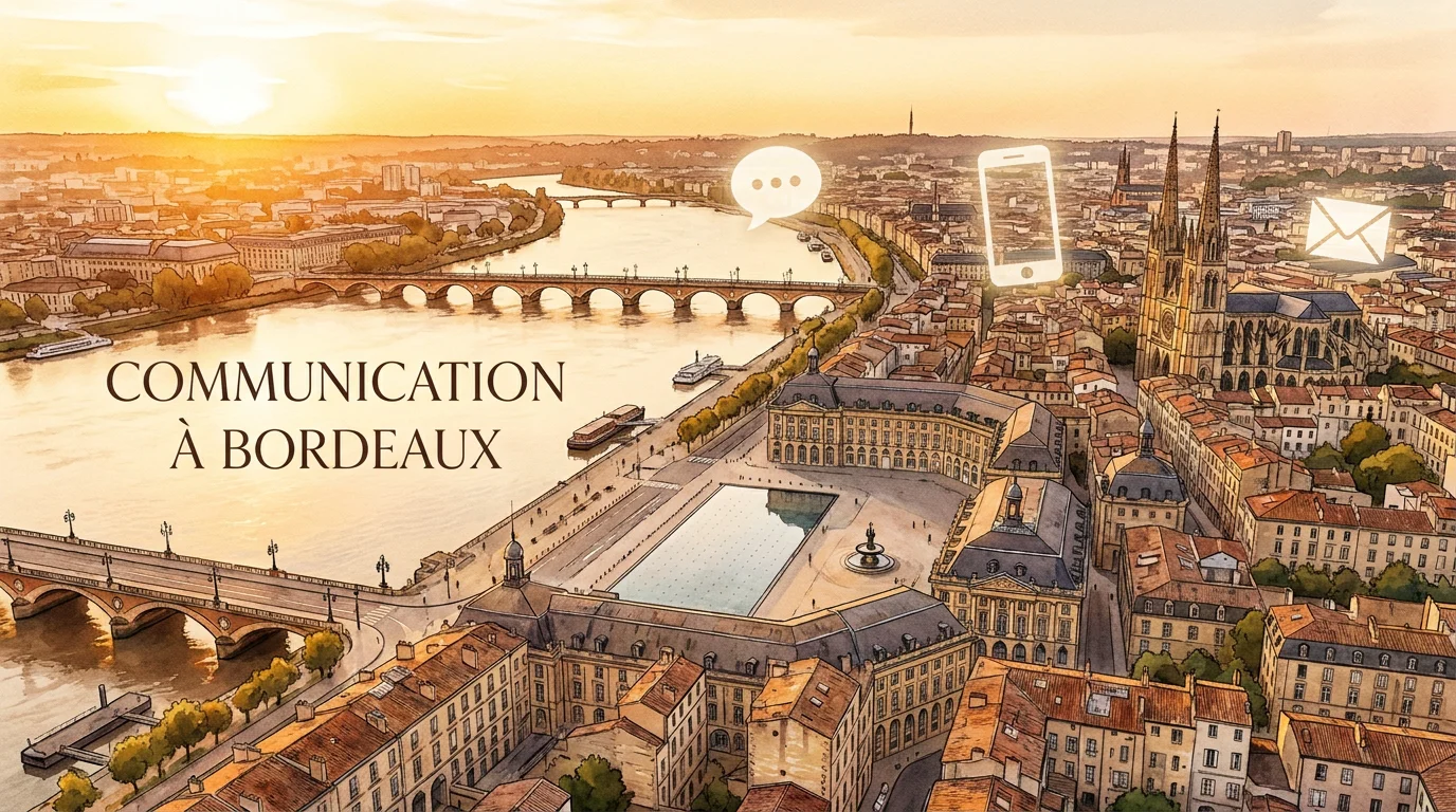 Vue de Bordeaux avec des icônes symbolisant le secteur de la communication