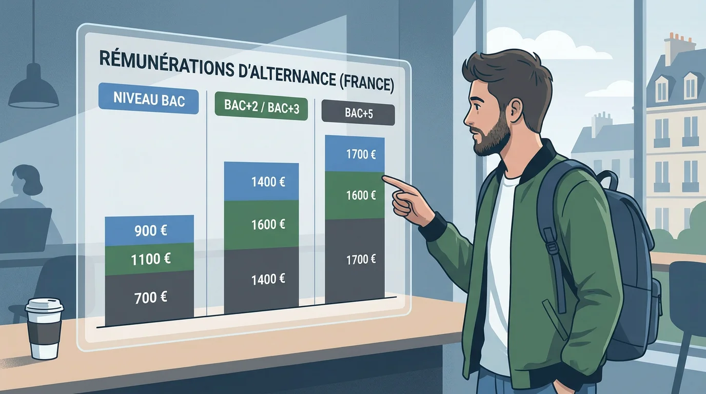 Illustration d'un tableau de rémunérations d'alternance en France avec un jeune professionnel
