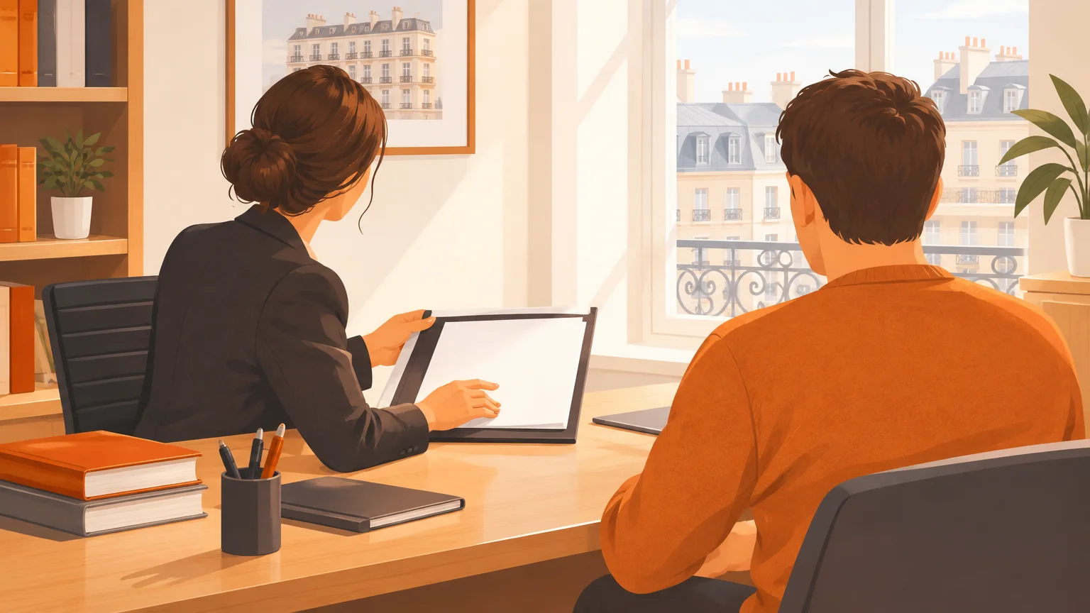 Un avocat échange avec un client autour d’un dossier dans un bureau sobre