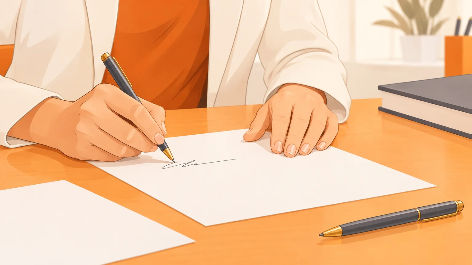Gros plan de mains signant un document vierge sur un bureau