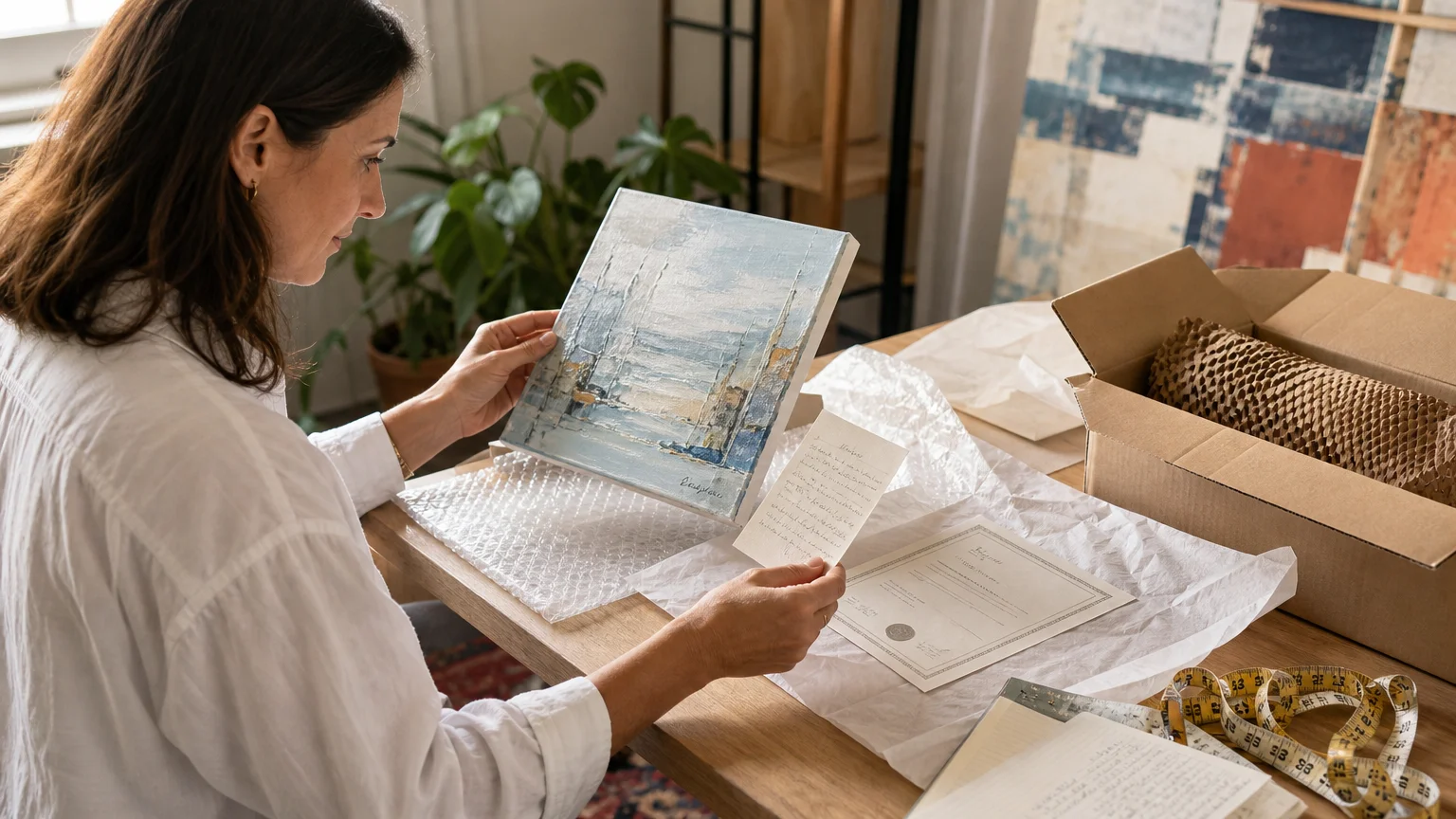Buyer checking an original painting, certificate, and shipping materials