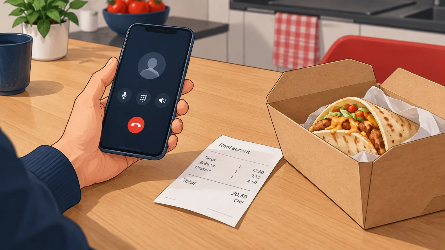 Une main s’apprête à appeler le restaurant après avoir repéré une erreur sur une commande de tacos.