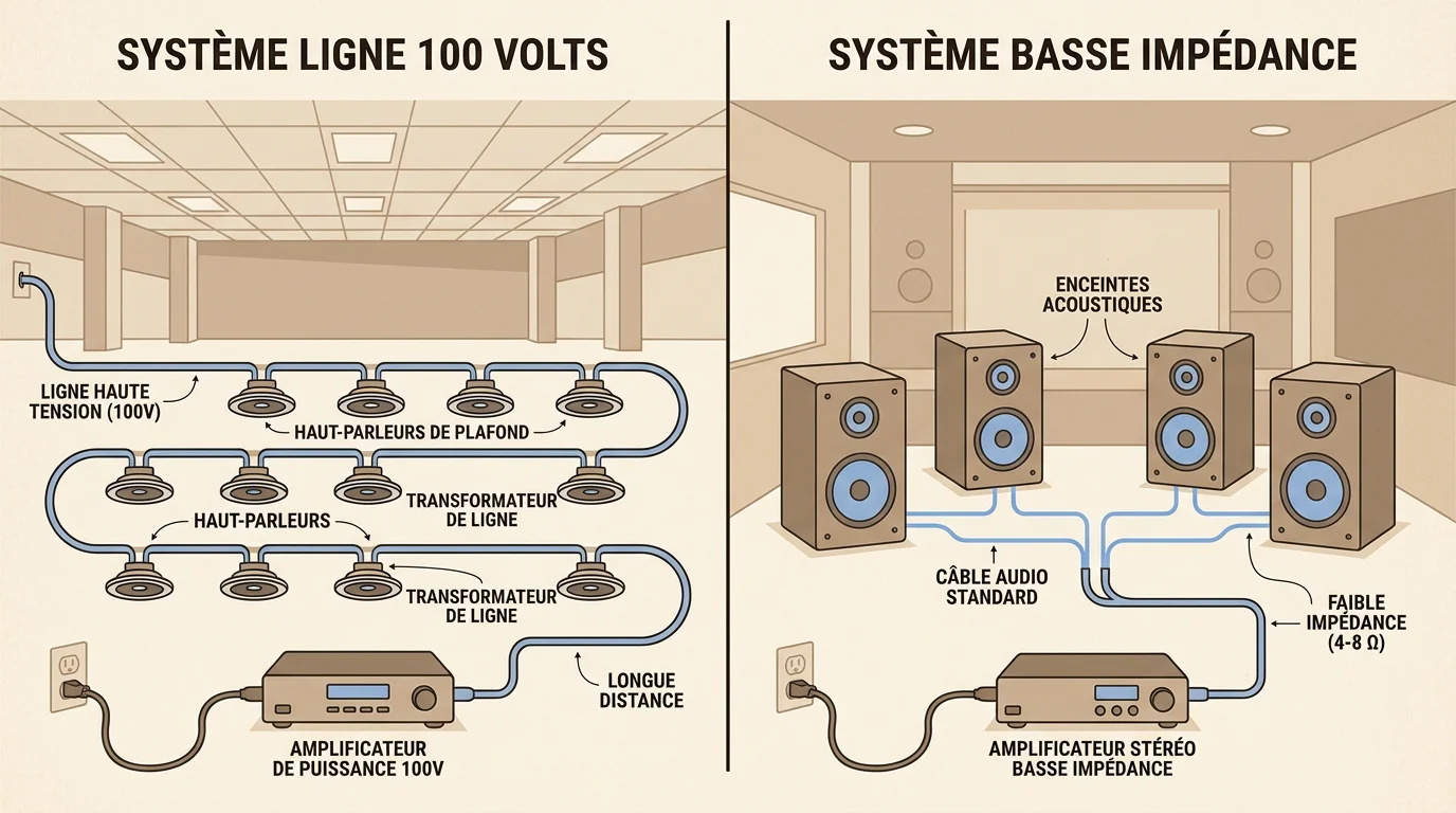 Schéma comparant la ligne 100 volts et la basse impédance en sonorisation
