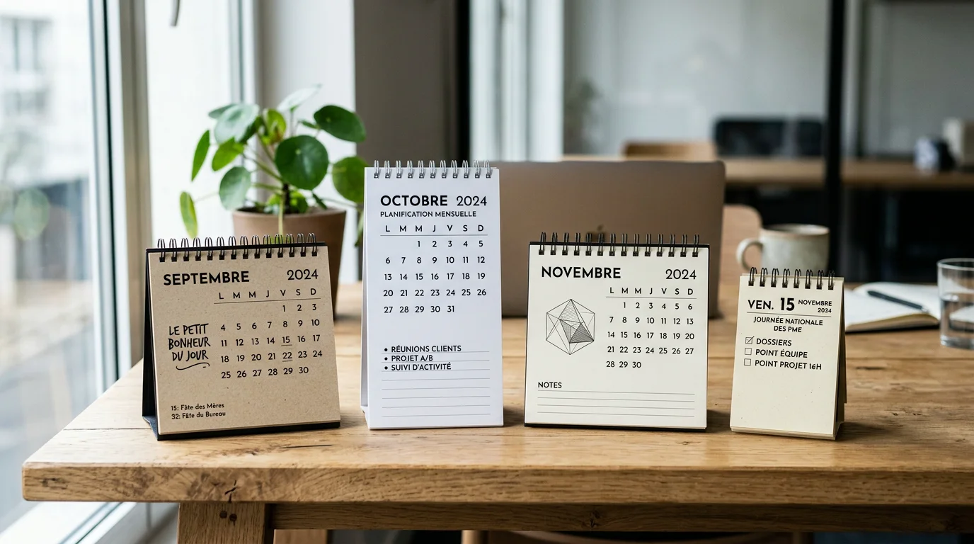 Plusieurs calendriers chevalet de bureau de formats et papiers différents posés sur une table
