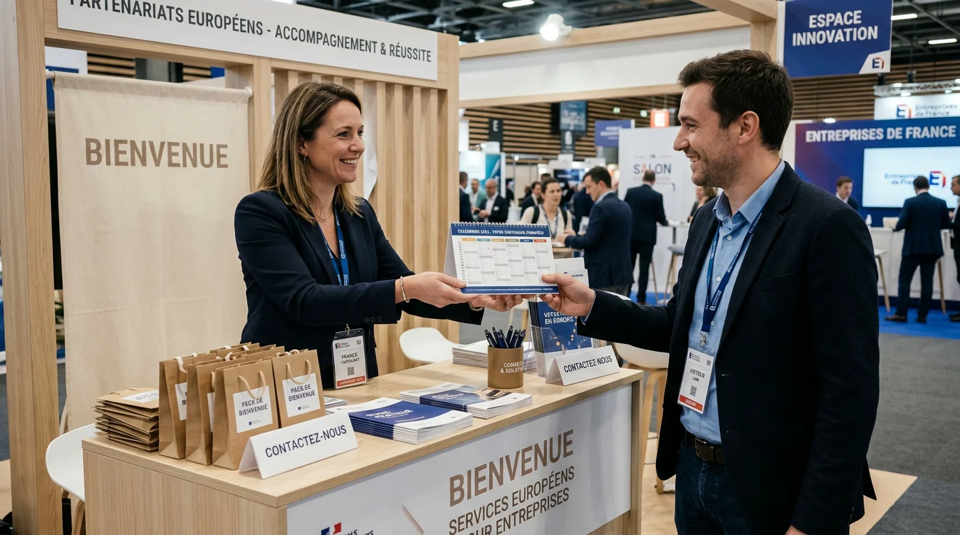 Distribution d'un calendrier chevalet sur un stand de salon professionnel
