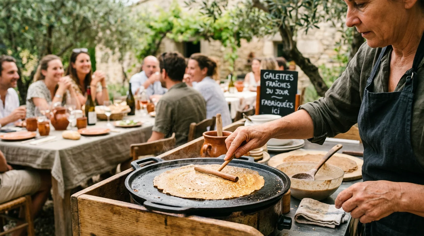 Galettes de sarrasin cuites à la minute lors d'une réception de mariage en Provence