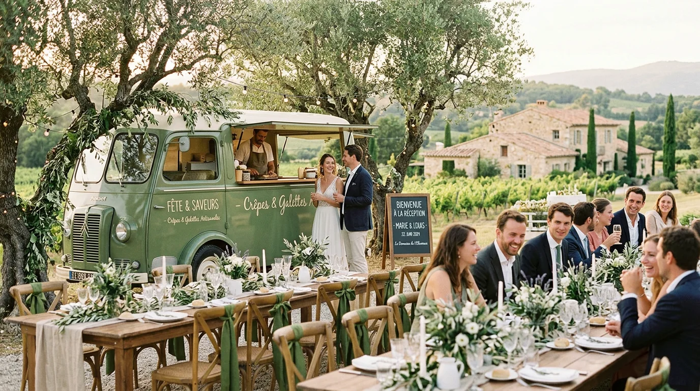 Food truck installé dans un domaine de mariage en Provence au coucher du soleil