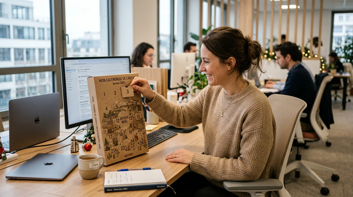 Salariée ouvrant une case d'un calendrier de l'Avent sur son bureau en décembre