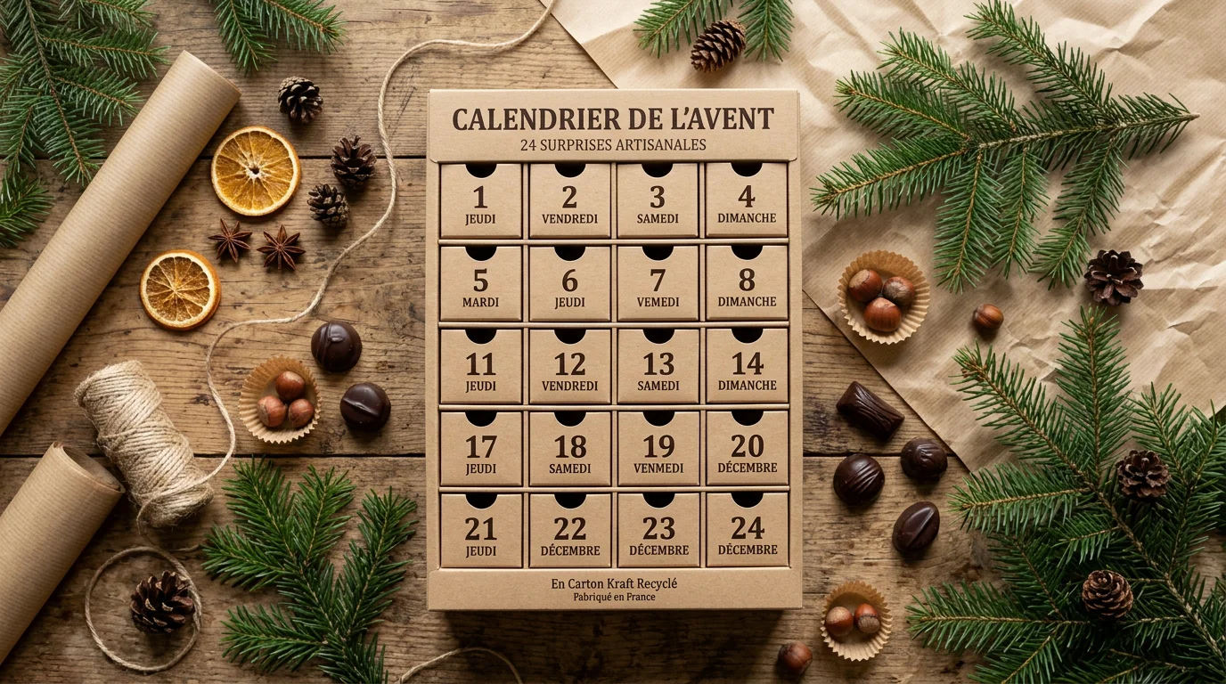 Calendrier de l'Avent en carton recyclé entouré de matériaux naturels et responsables