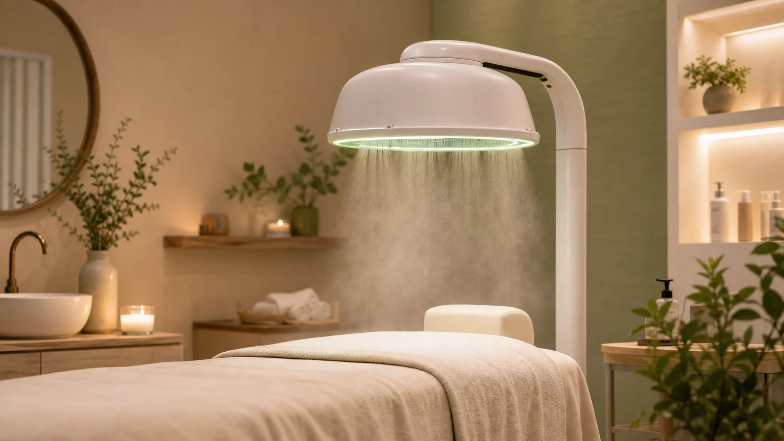 Casque de nano brumisation diffusant une brume dans un espace head spa professionnel
