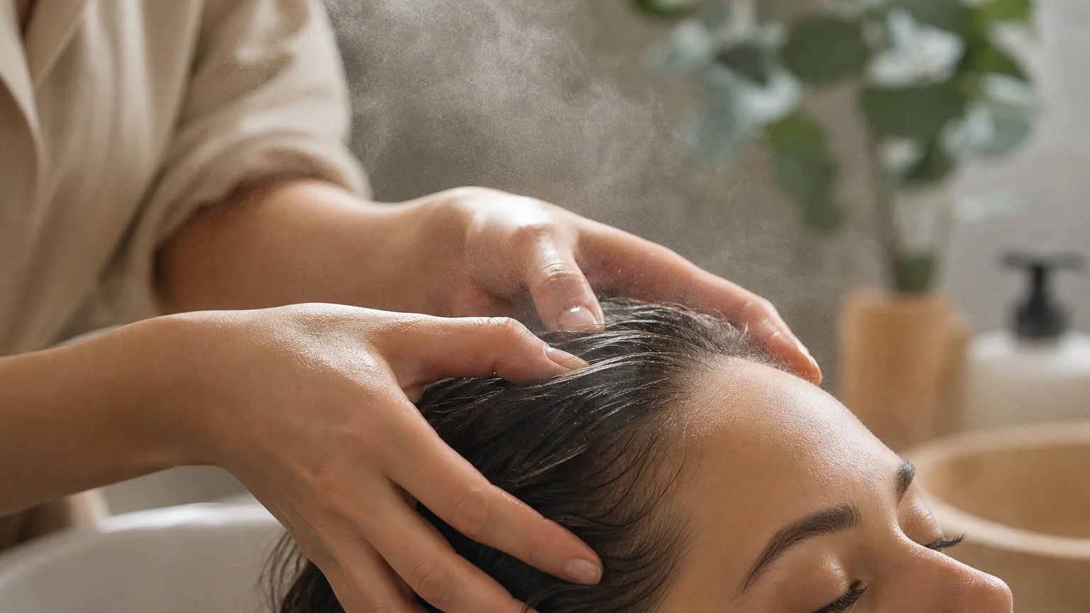 Brume ultra-fine diffusée sur un cuir chevelu pendant un soin head spa