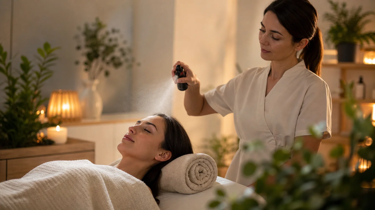 Cliente détendue pendant une séance de nano brumisation en salon