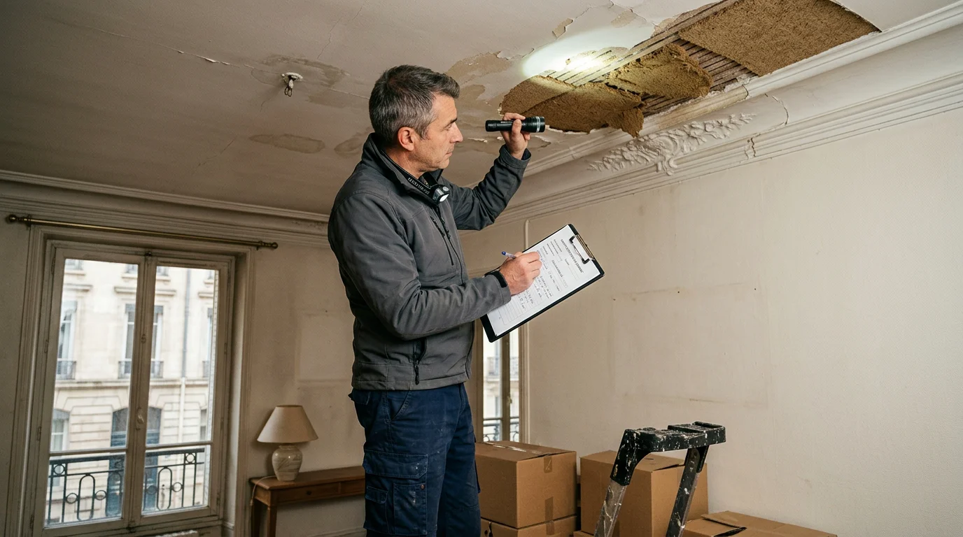 Diagnostiqueur certifié inspectant les matériaux d'un logement ancien