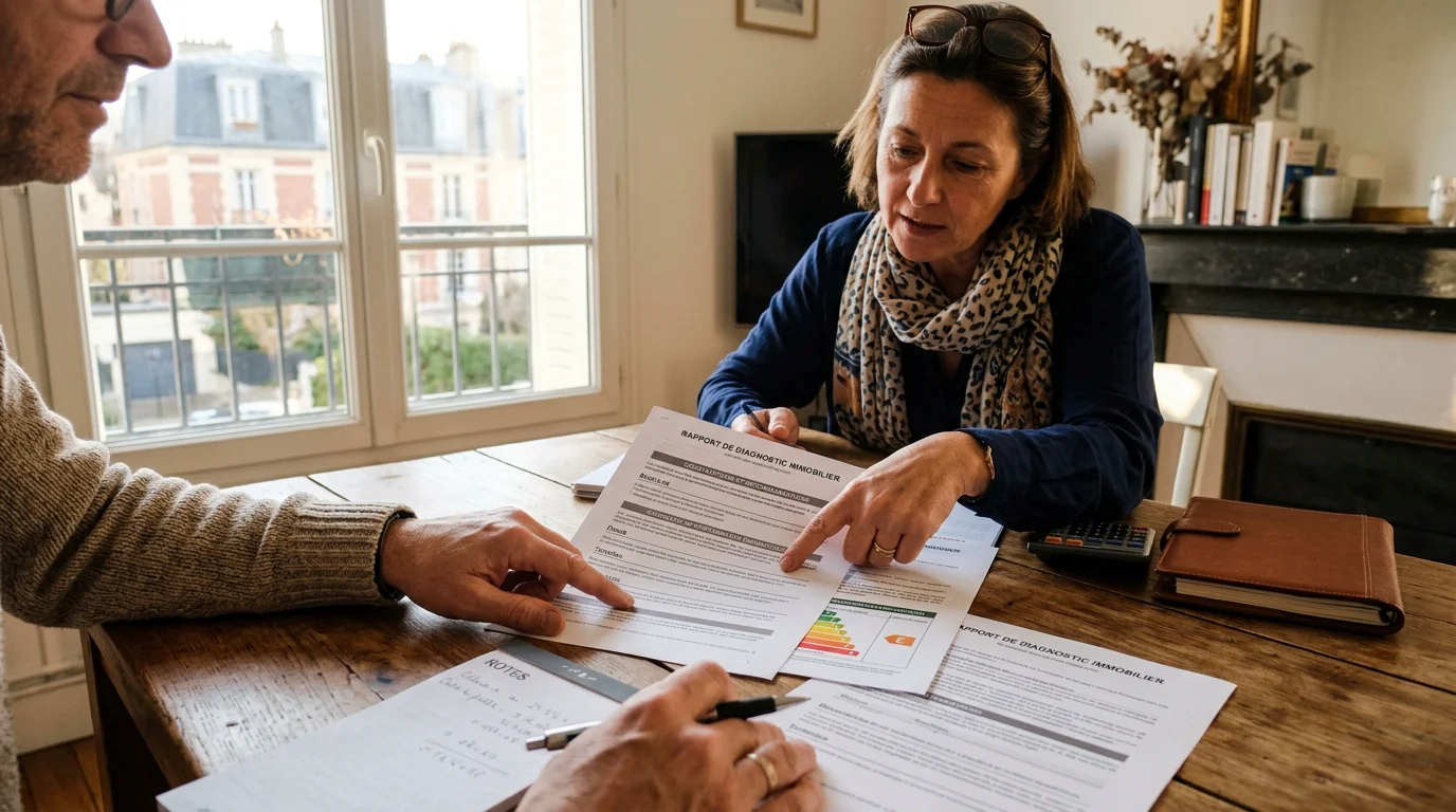 Propriétaire et diagnostiqueur examinant un rapport de diagnostic amiante