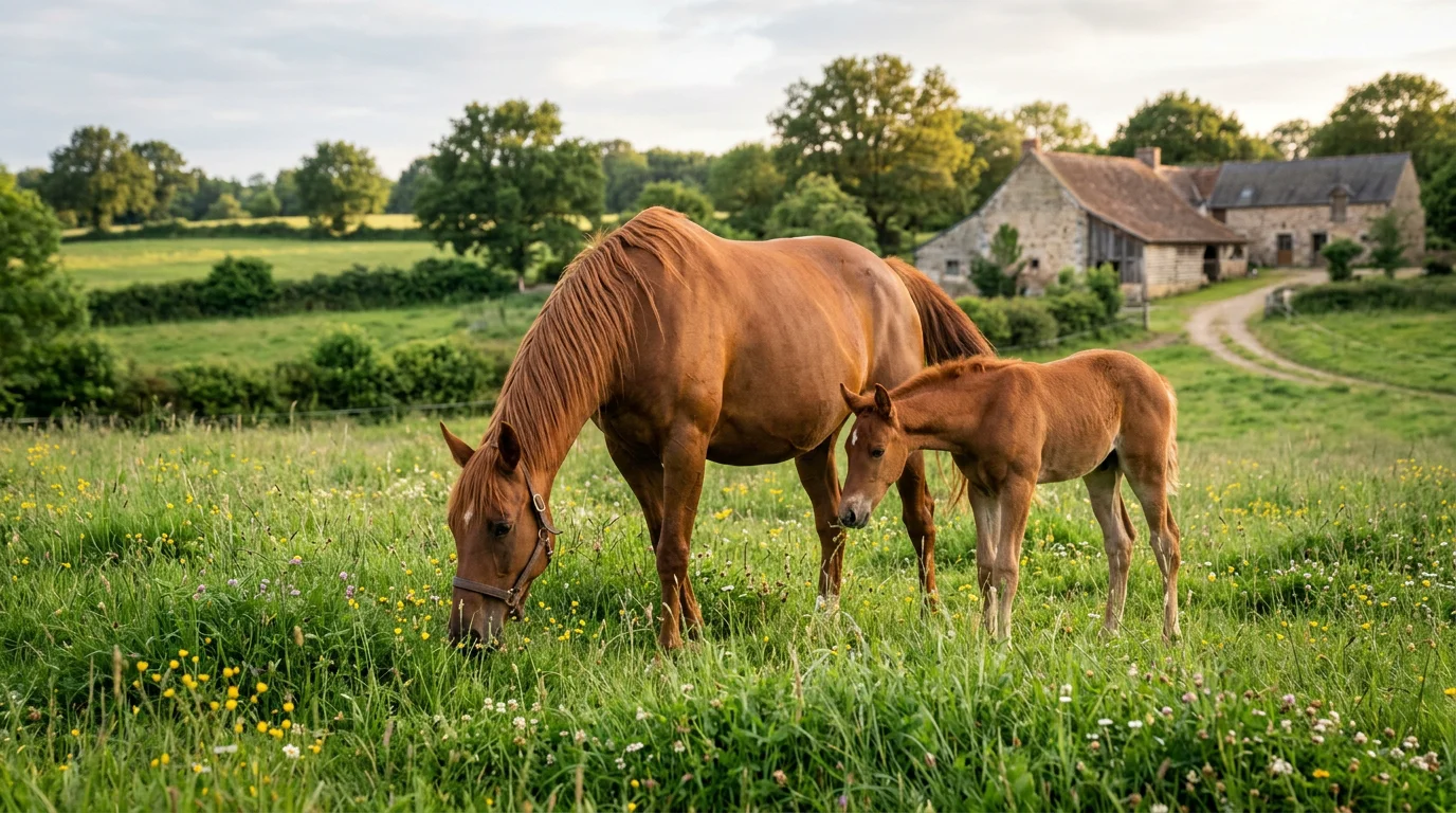 Jument poulinière et son poulain au pré dans une prairie estivale