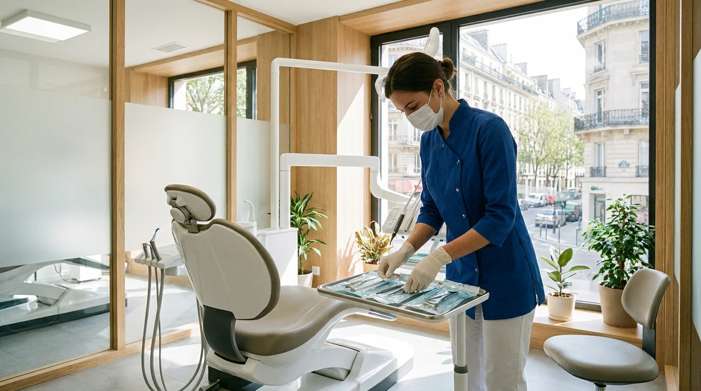 Assistante dentaire préparant un plateau d'instruments dans un cabinet dentaire moderne en France