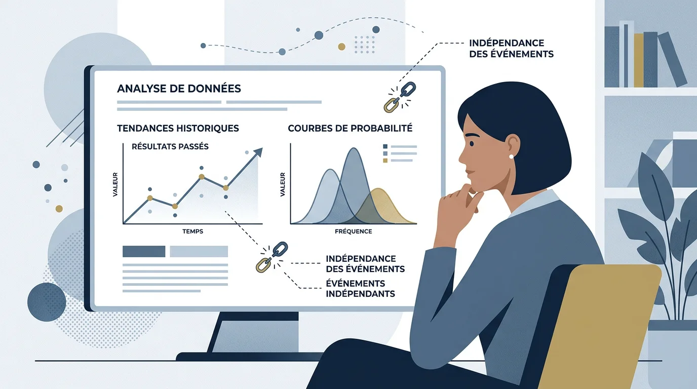 Illustration d'un joueur analysant un historique de résultats et des courbes de probabilité