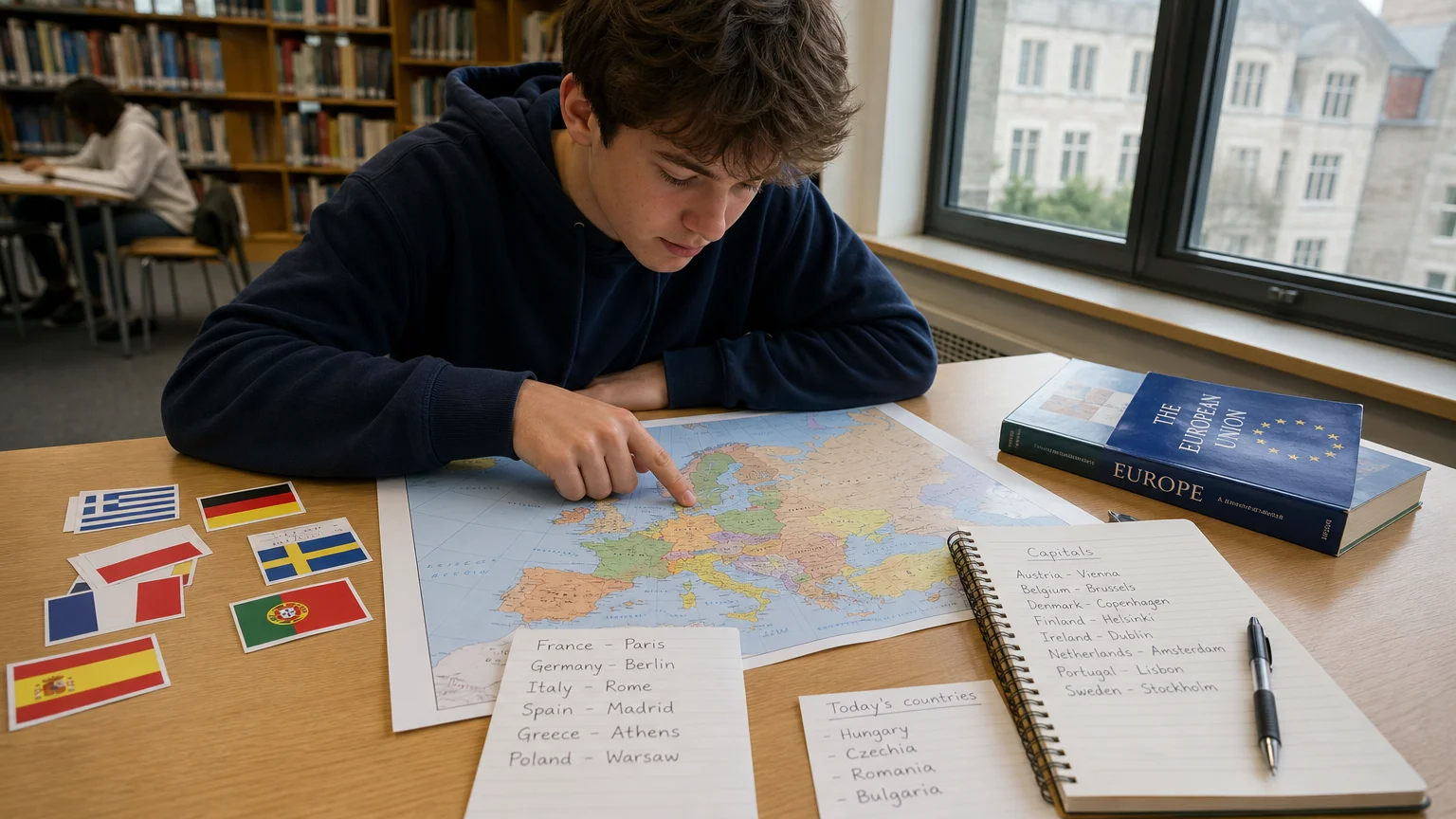 European student studying country flags and capital cities at a library table