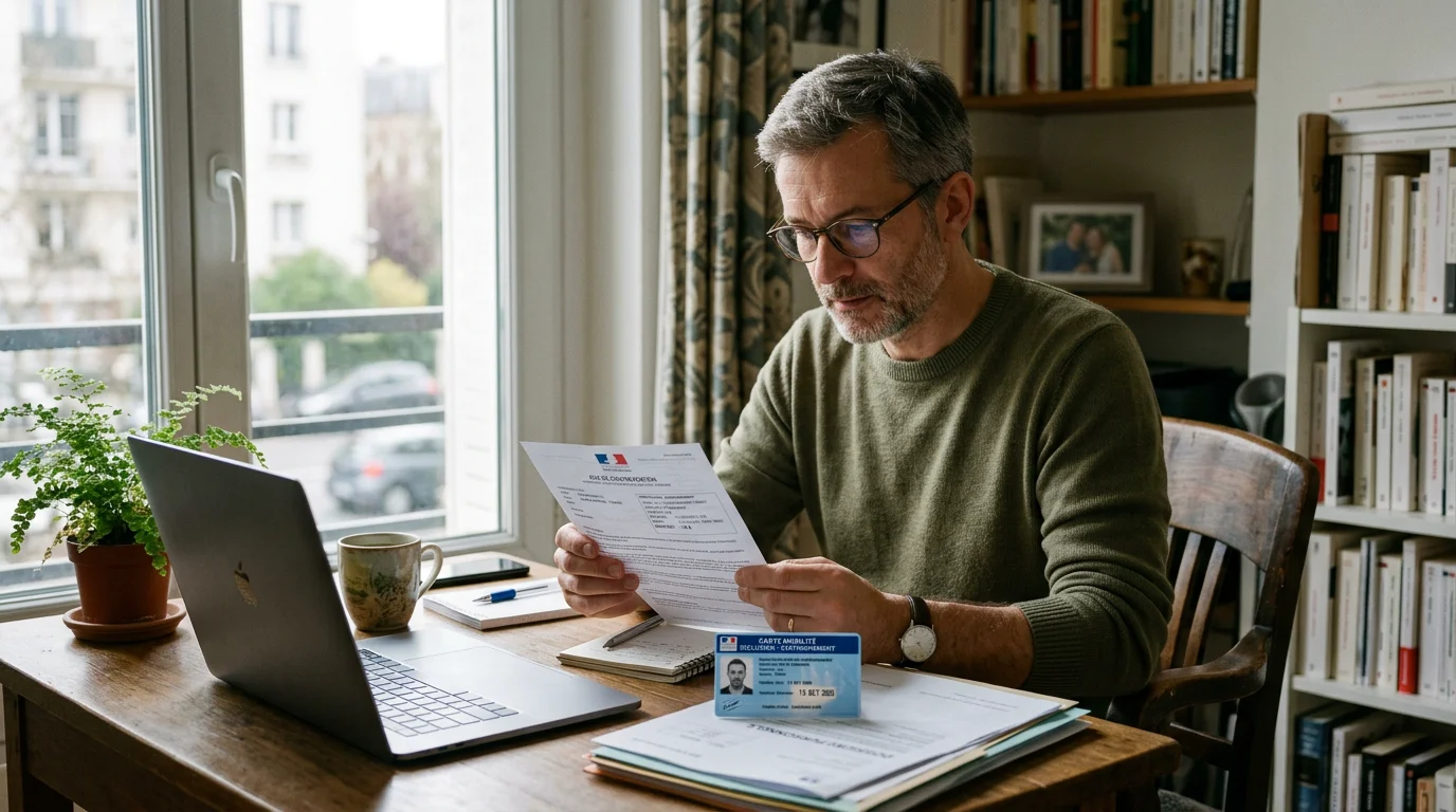 Personne préparant sa lettre de contestation de FPS avec sa carte mobilité inclusion