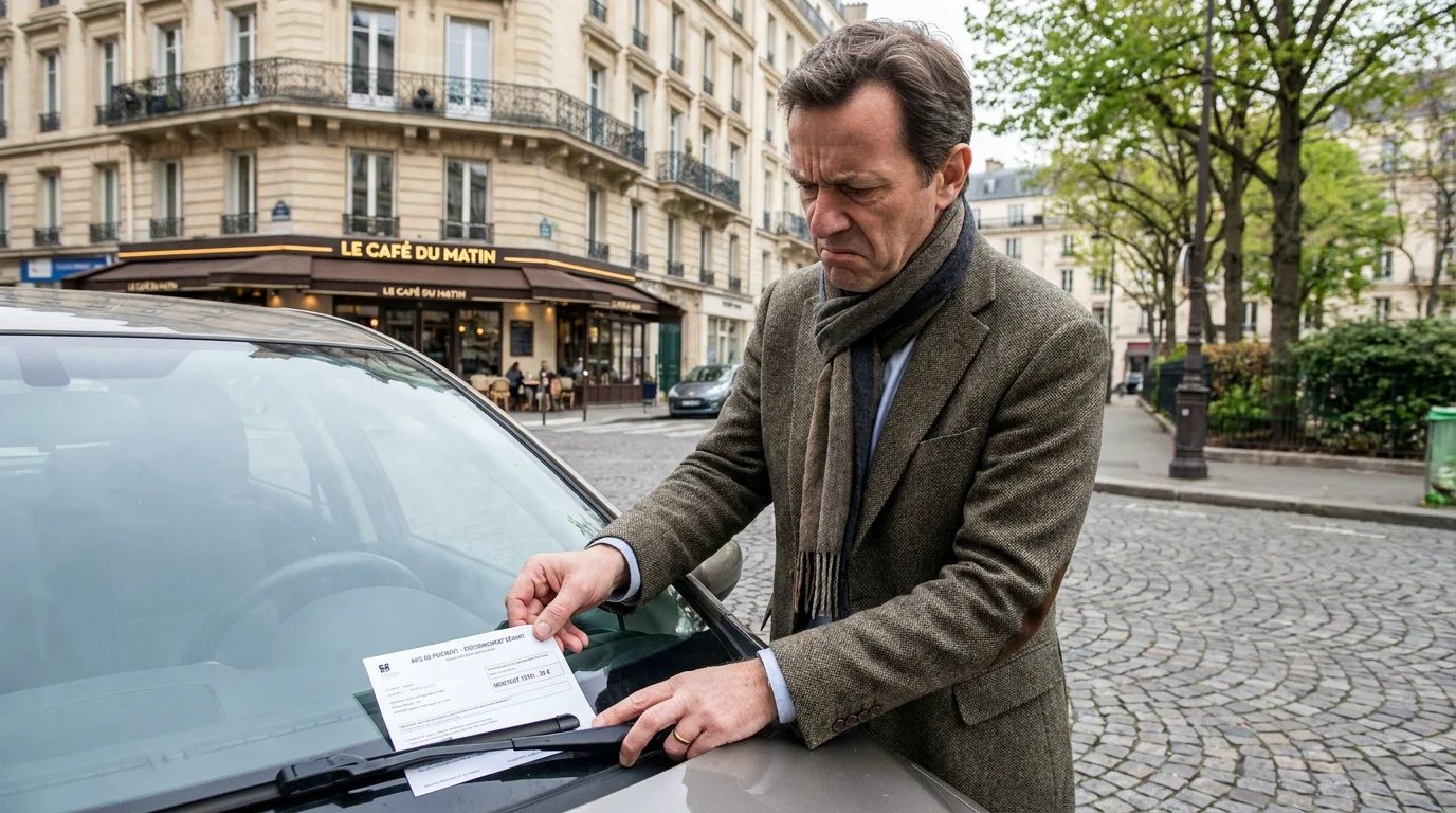 Automobiliste consultant un avis de paiement de forfait post-stationnement sur le pare-brise en France