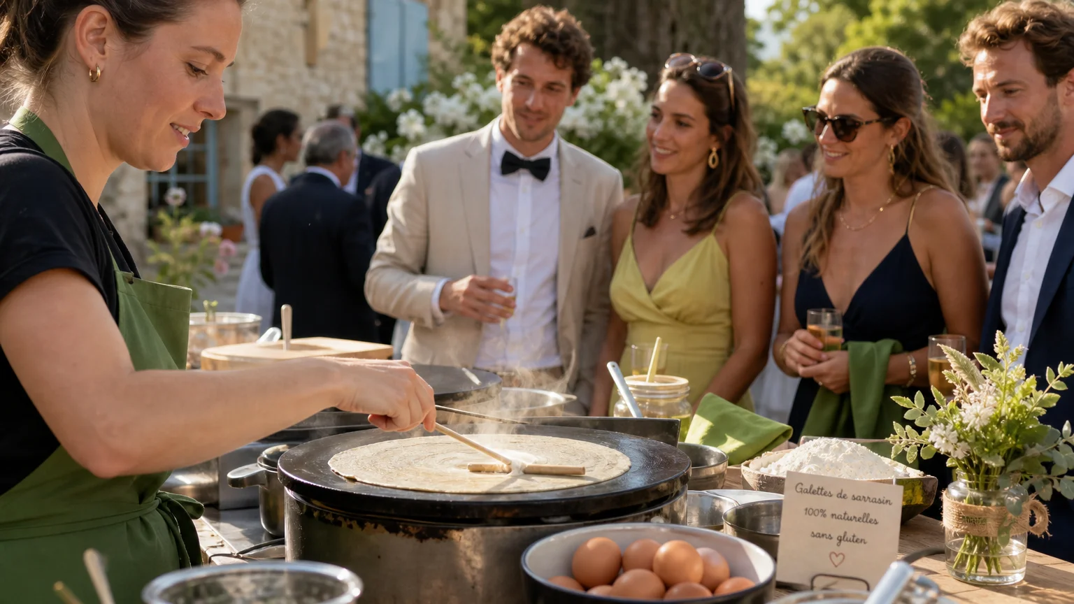 Invités observant une préparation de crêpes pendant un mariage en extérieur
