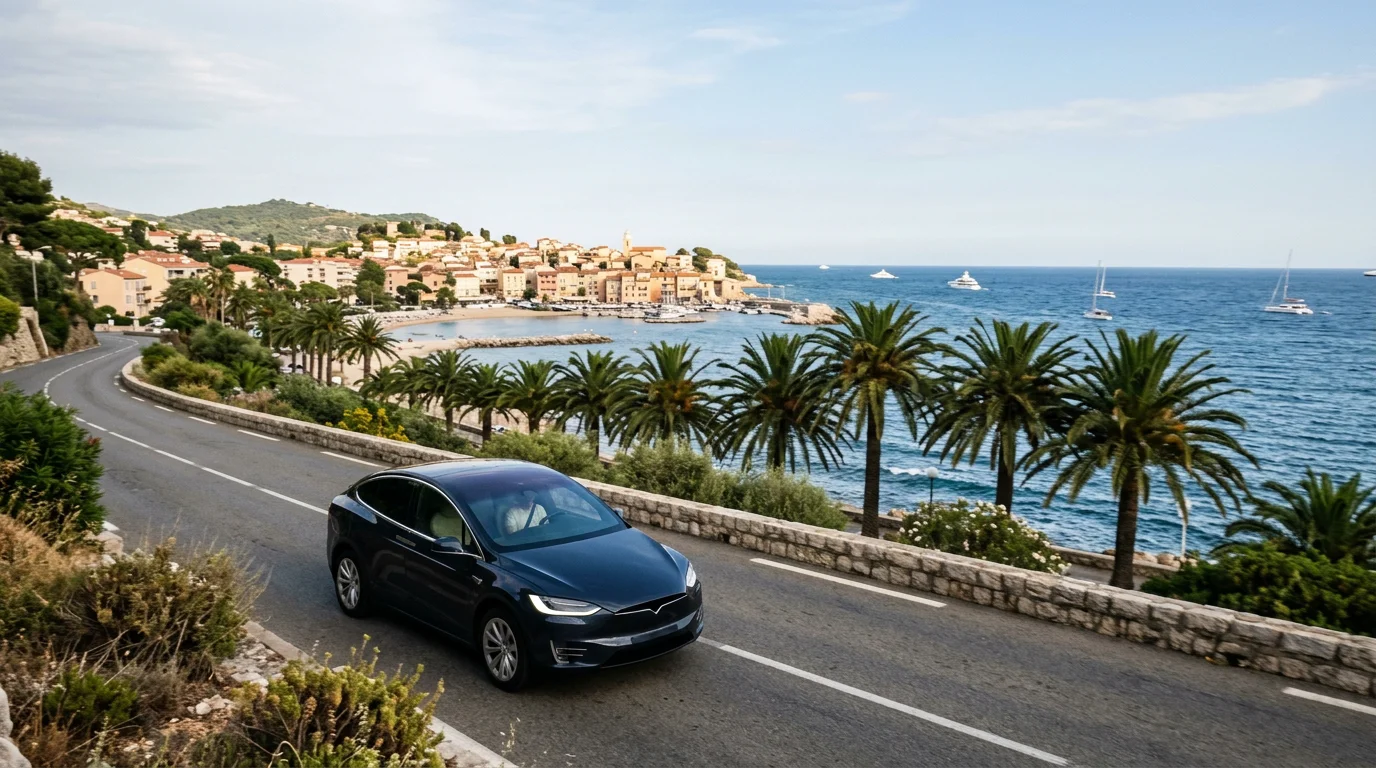 Electric SUV on a coastal road between Nice and Cannes on the French Riviera