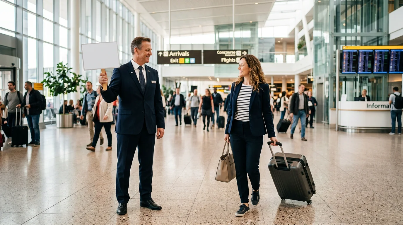 Chauffeur greeting a traveller with a name sign in an airport arrivals hall