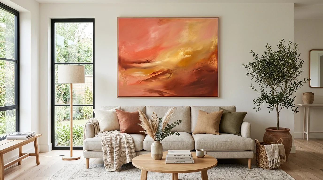Abstract sunset canvas in warm tones displayed above a sofa in a modern living room