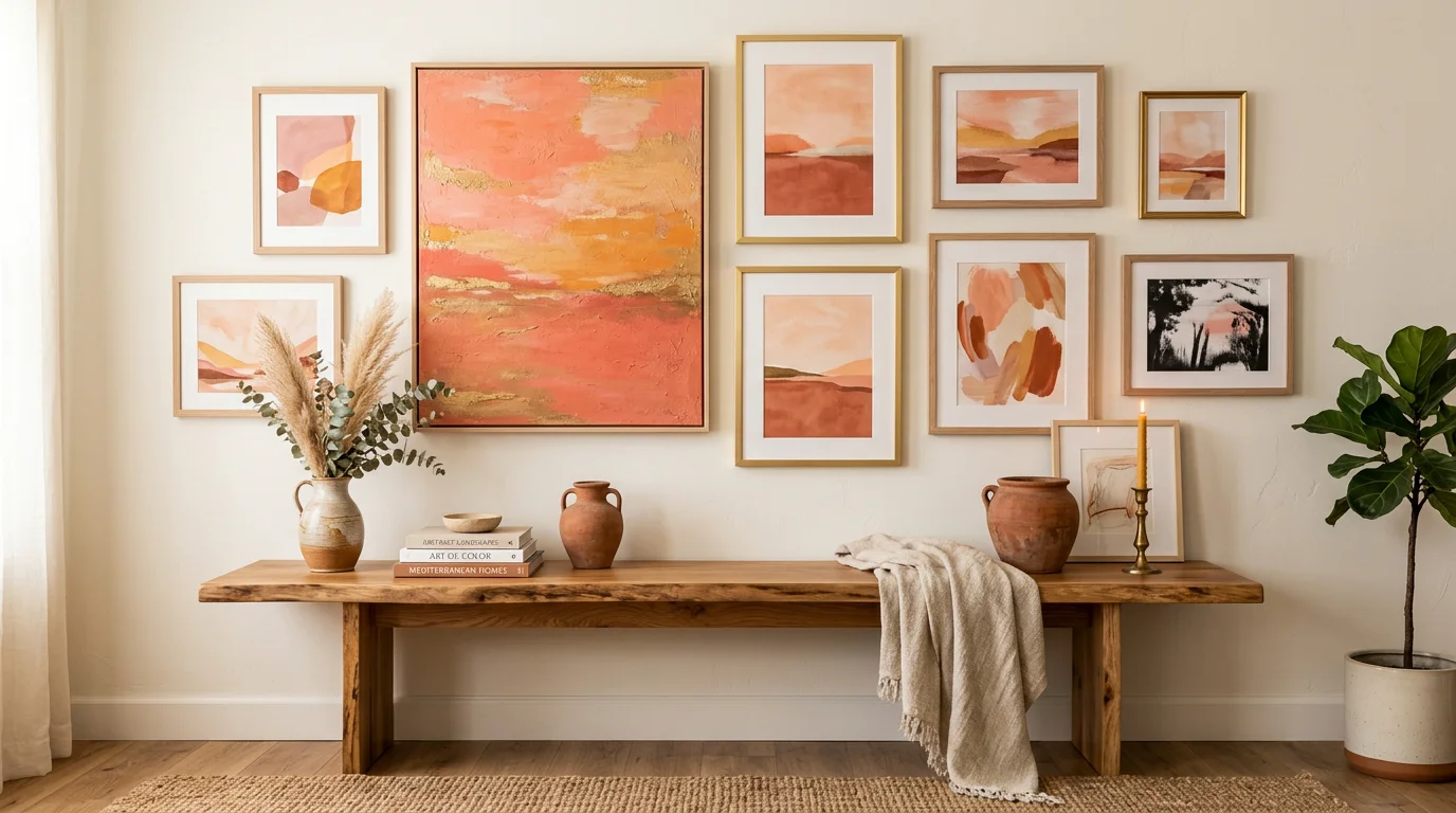 Gallery wall of abstract sunset artworks in warm tones above a console table