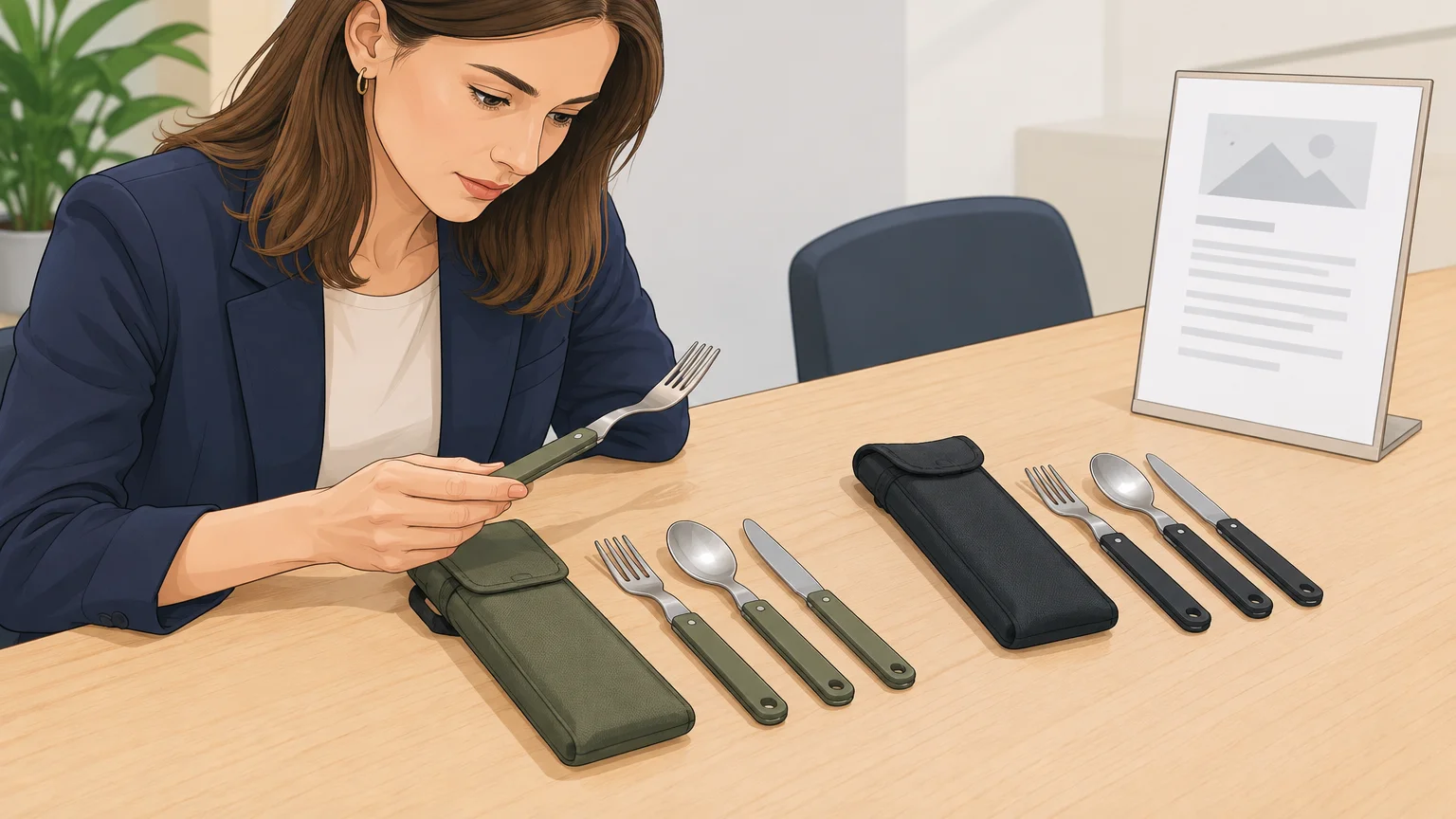 Une acheteuse examine un kit de couverts de camping avant une commande professionnelle