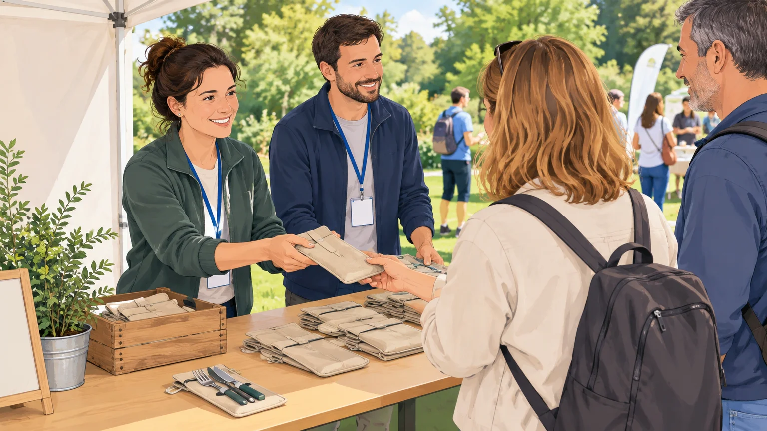 Remise de kits de couverts réutilisables lors d’un événement en plein air
