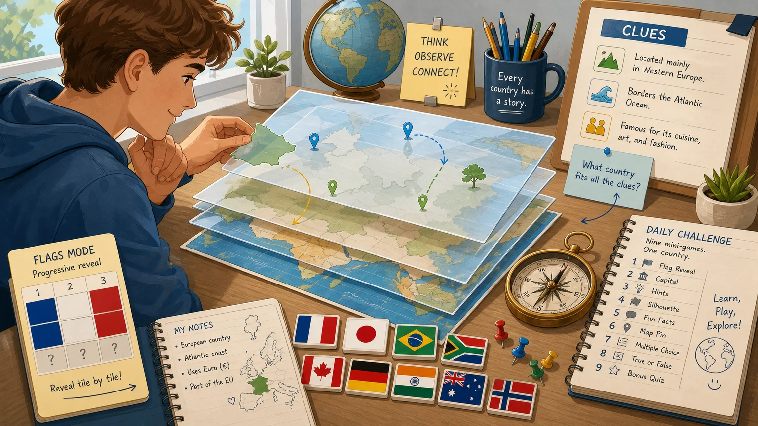 Learner interpreting country shapes, flags, and map clues