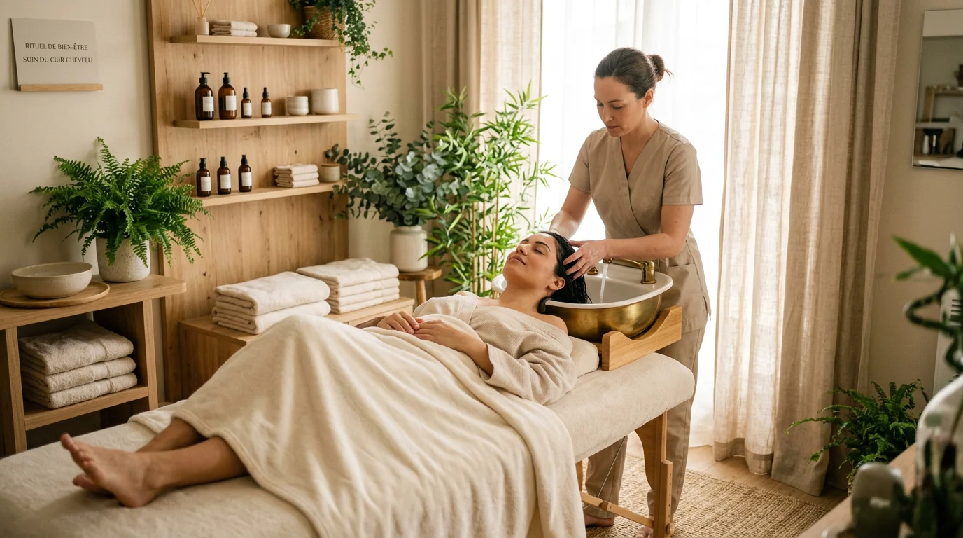 Praticienne réalisant un massage du cuir chevelu lors d'un soin head spa japonais