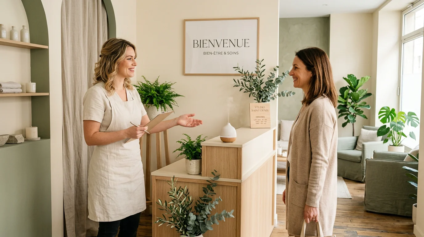 Professionnelle du bien-être accueillant une cliente dans un institut head spa