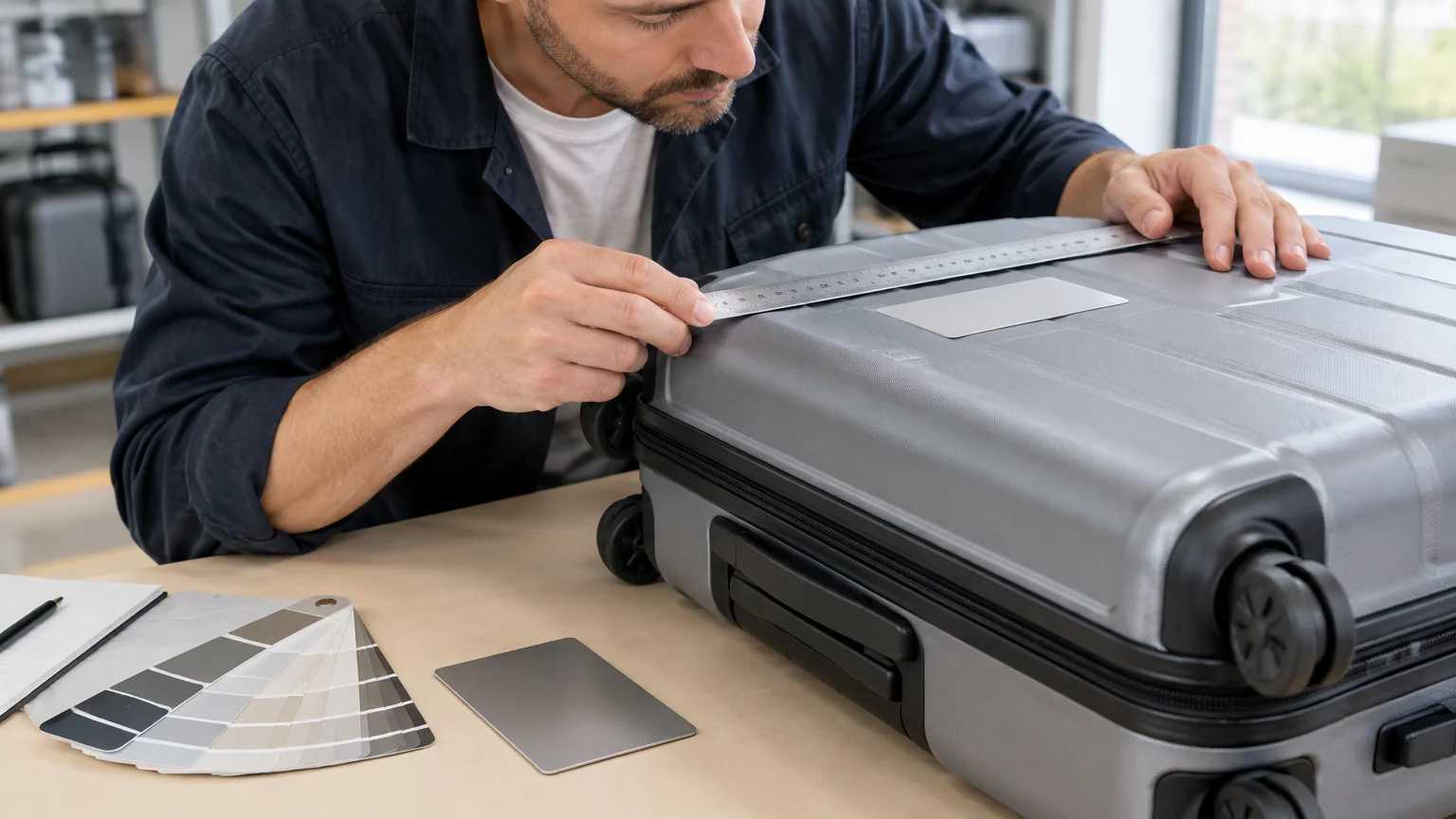 Un professionnel mesure la zone de marquage d’une valise trolley neutre.