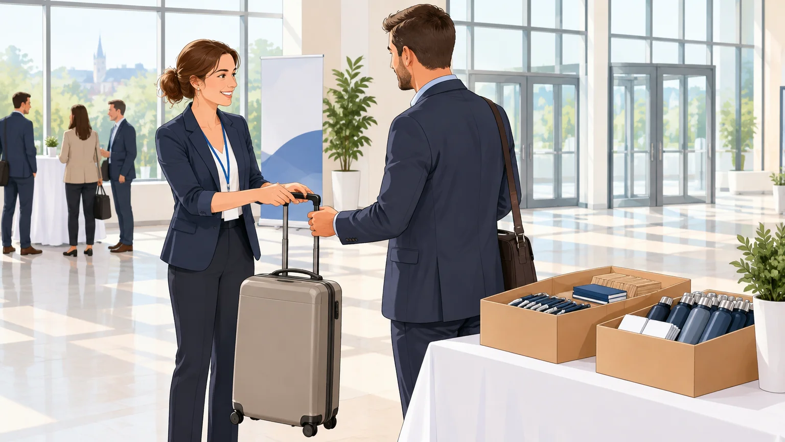 Une coordinatrice remet une valise trolley lors d’un événement professionnel.