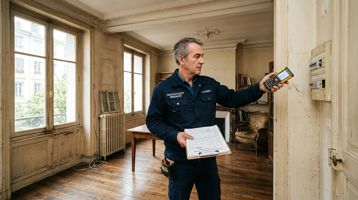Diagnostiqueur certifié inspectant un logement ancien lors d'un diagnostic immobilier